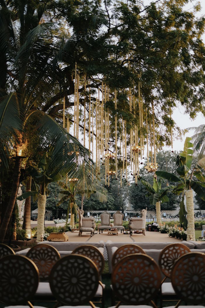 Beautifully decorated outdoor wedding ceremony with hanging lights and chairs set under trees at dusk.